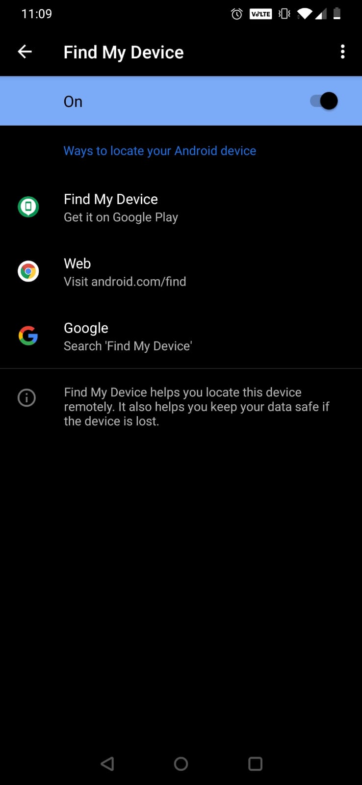 Find My Device setting on Android device