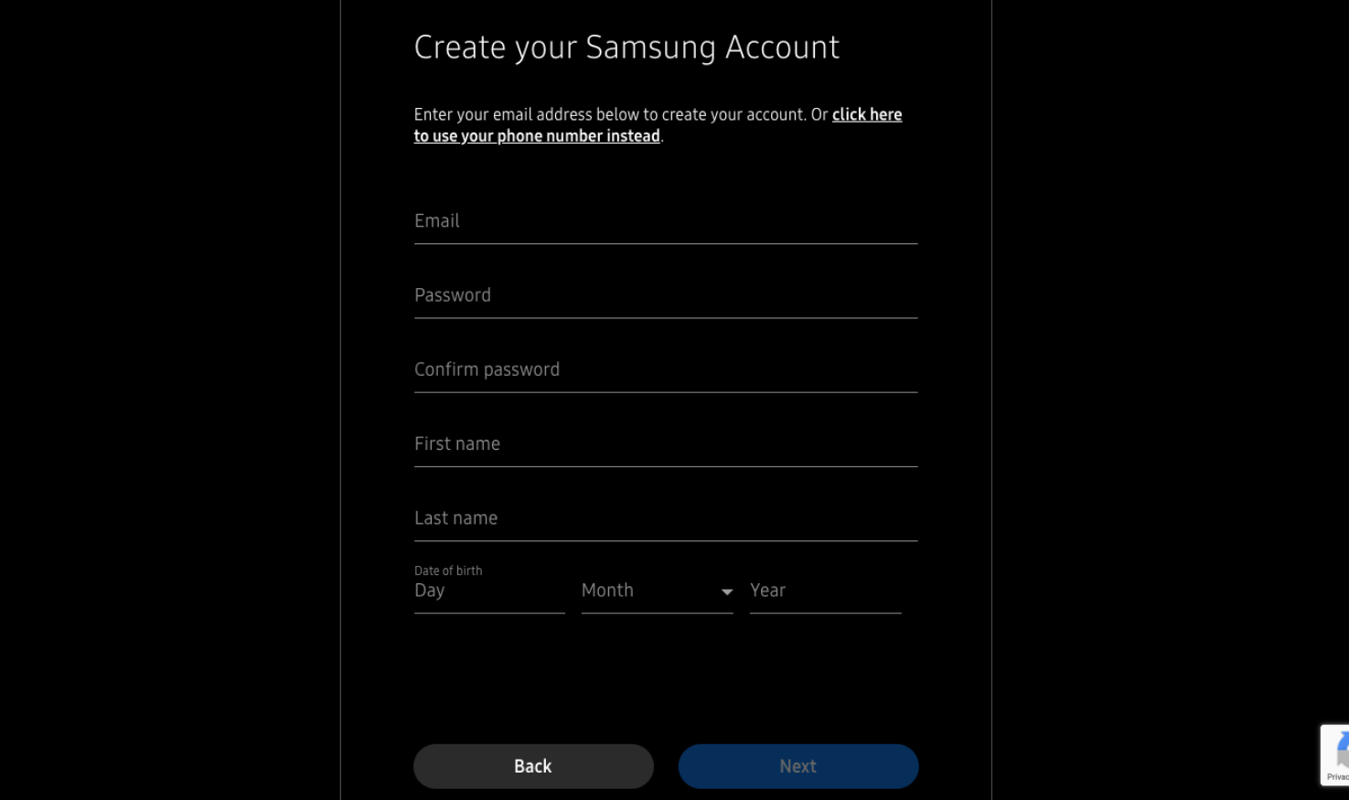 Samsung Account creation page