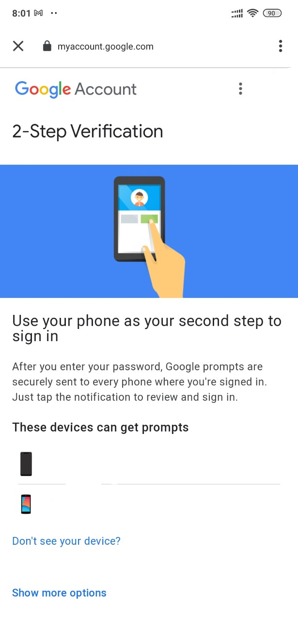 Setting up Two-Factor verification for a Google account.