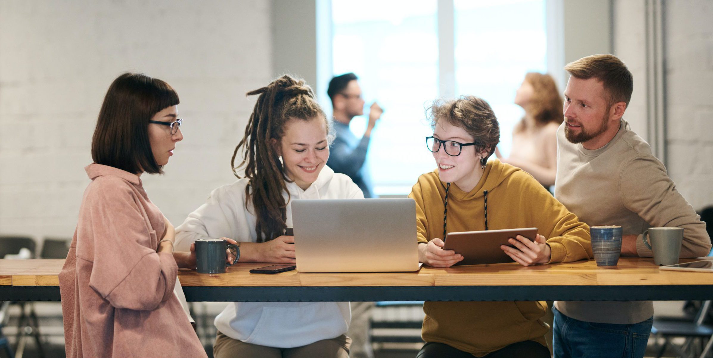 People discussing and sharing content