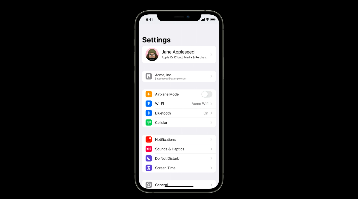 Managed account displayed on top of settings