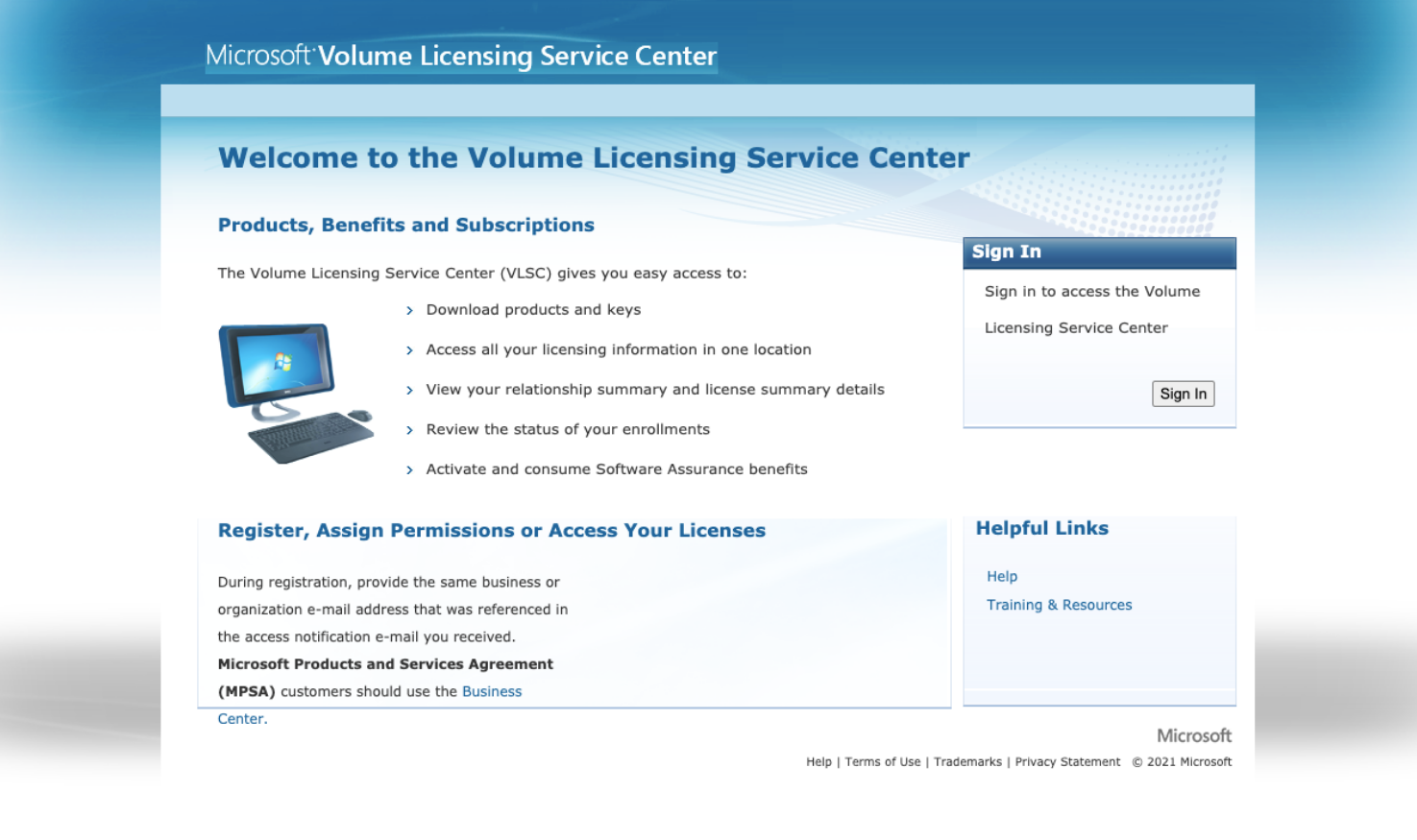 Microsoft Volume Licensing Service Center (VLSC) login page