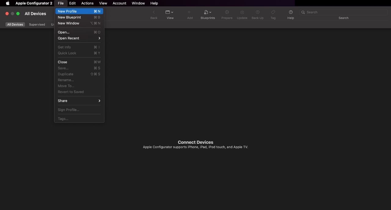 Create new profile in Apple Configurator 2