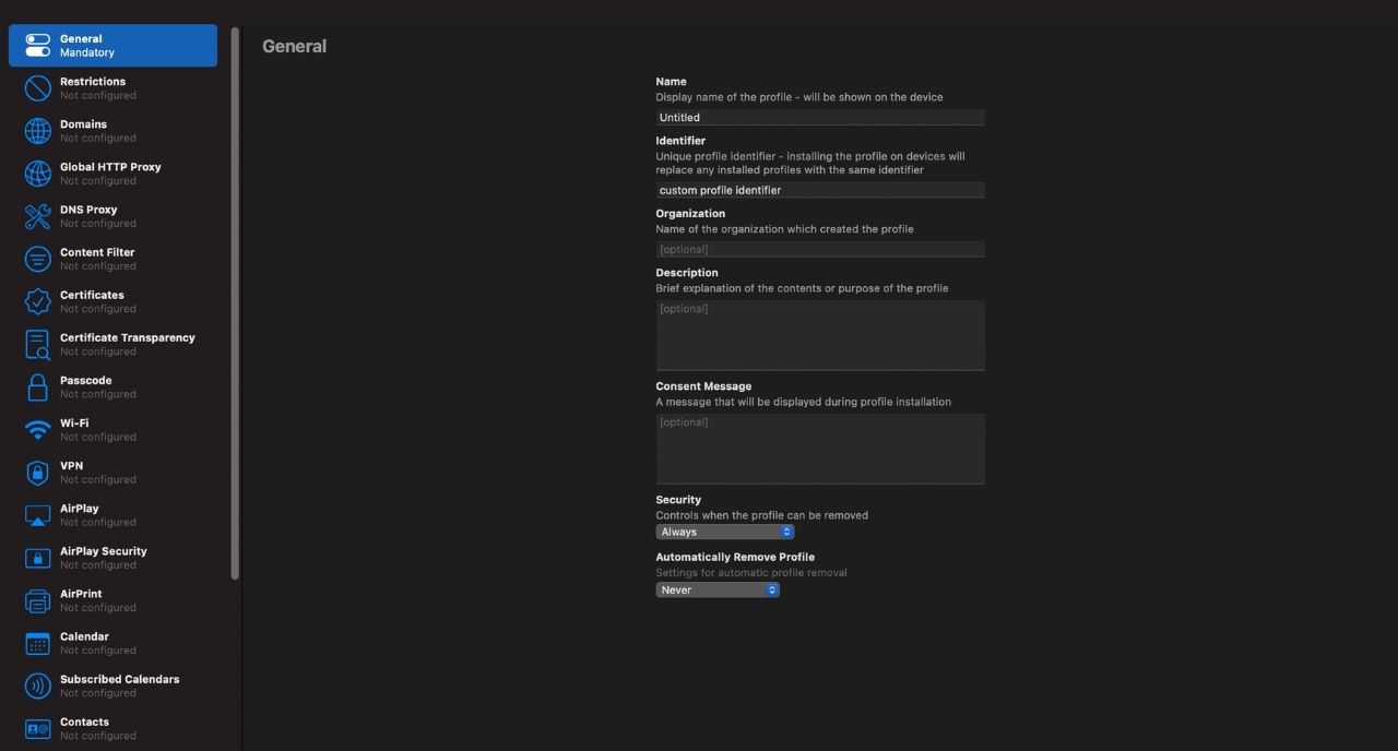 General settings on Apple Configurator 2