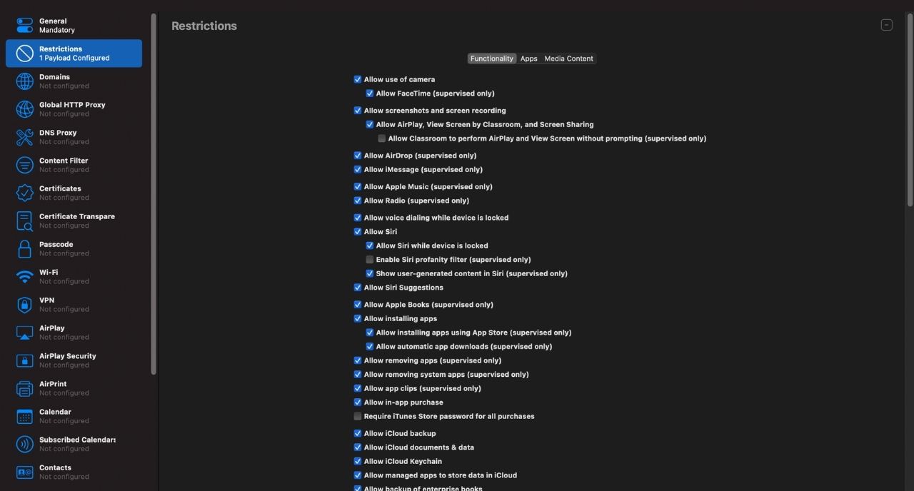 Setup up restrictions in Apple Configurator 2