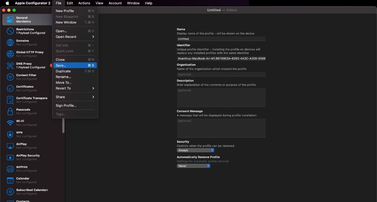 Save profile using Apple Configurator 2