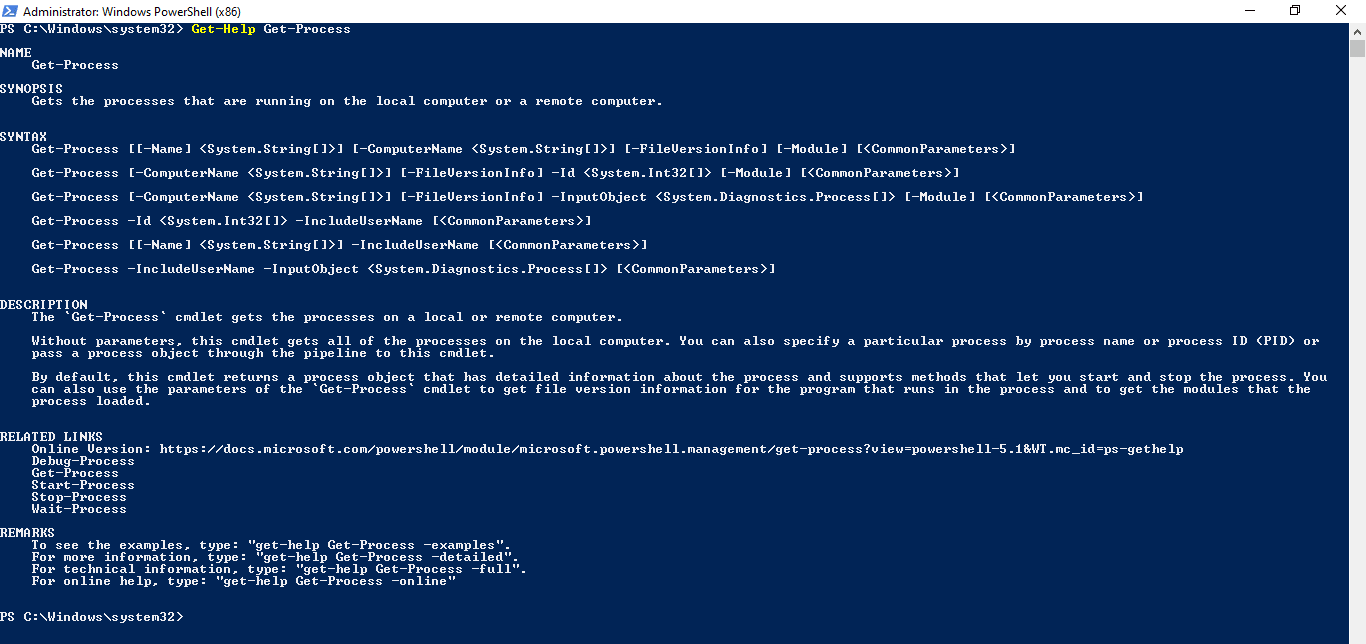 Output for Get-Help Get-Process