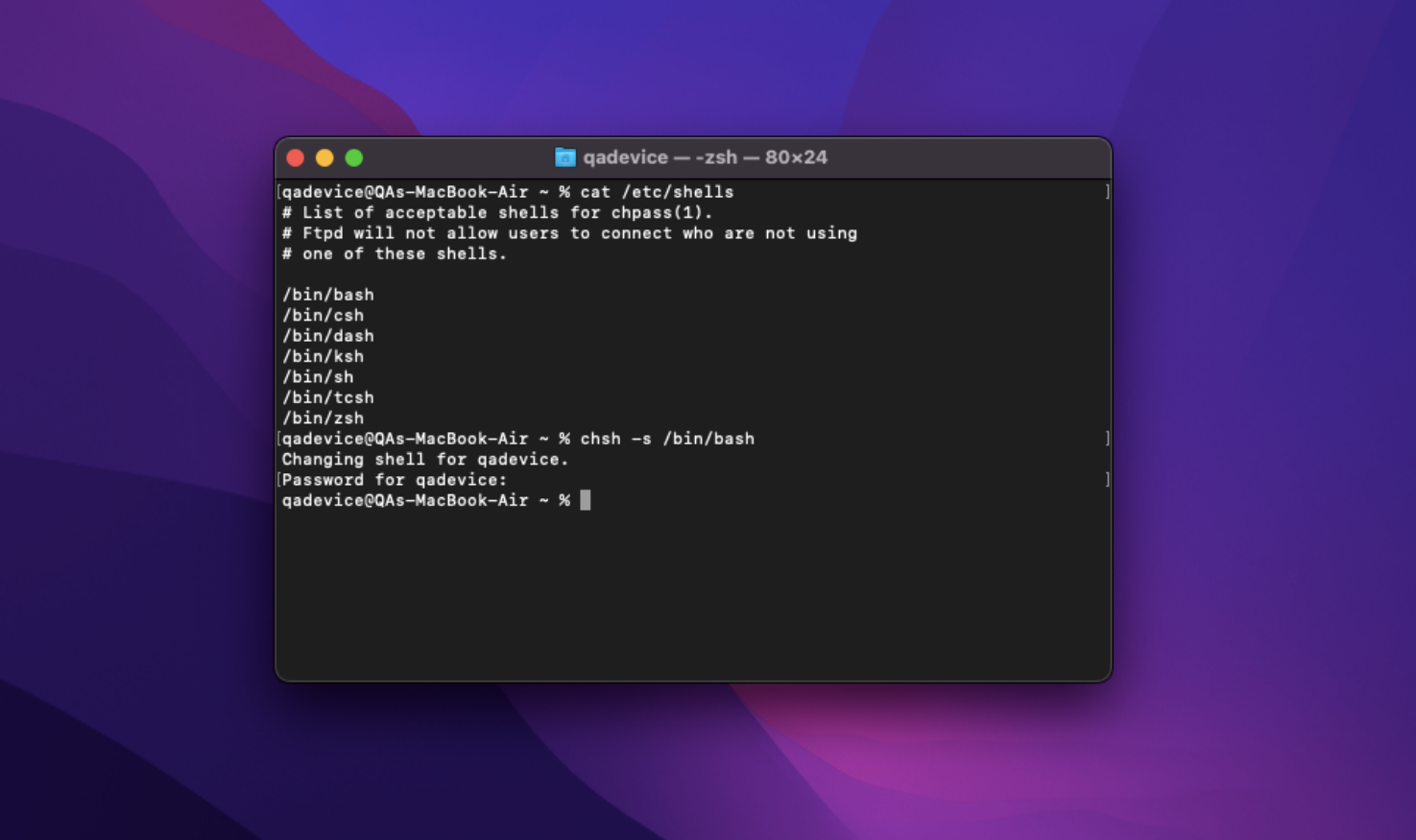 Changing your Mac's default shell using Terminal commands