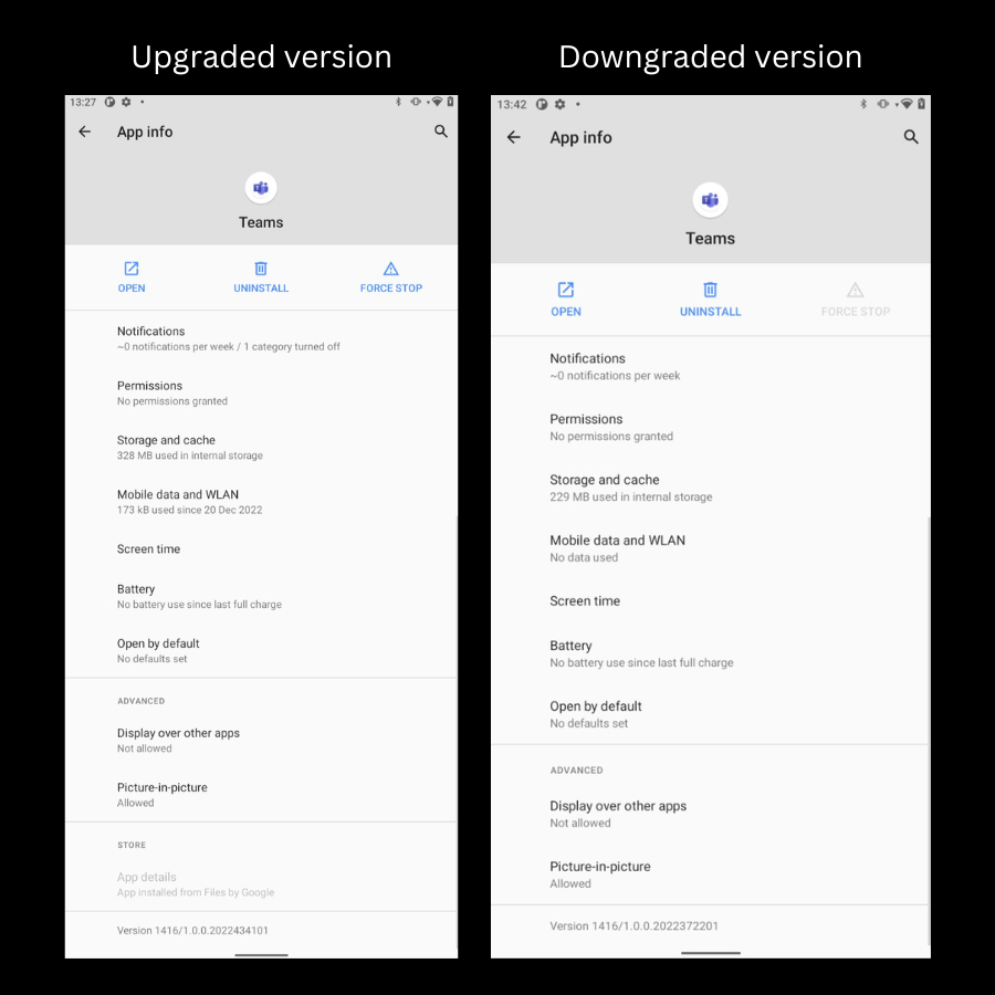 Teams app downgraded in an Android device