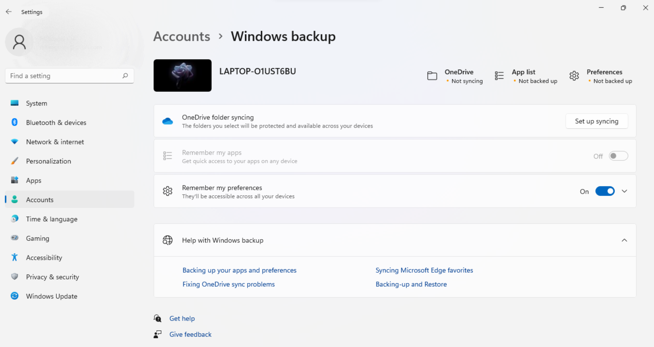 Setting up Windows backup