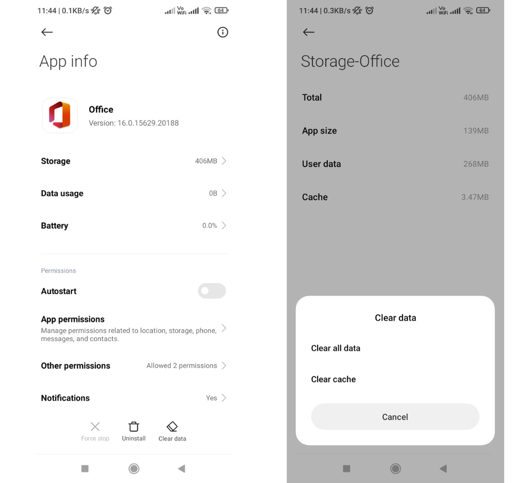 Clearing cache of the Office app