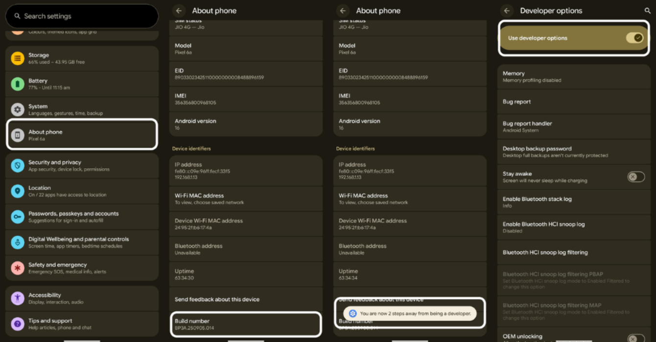 Screenshot to enable Developer option on an Android device