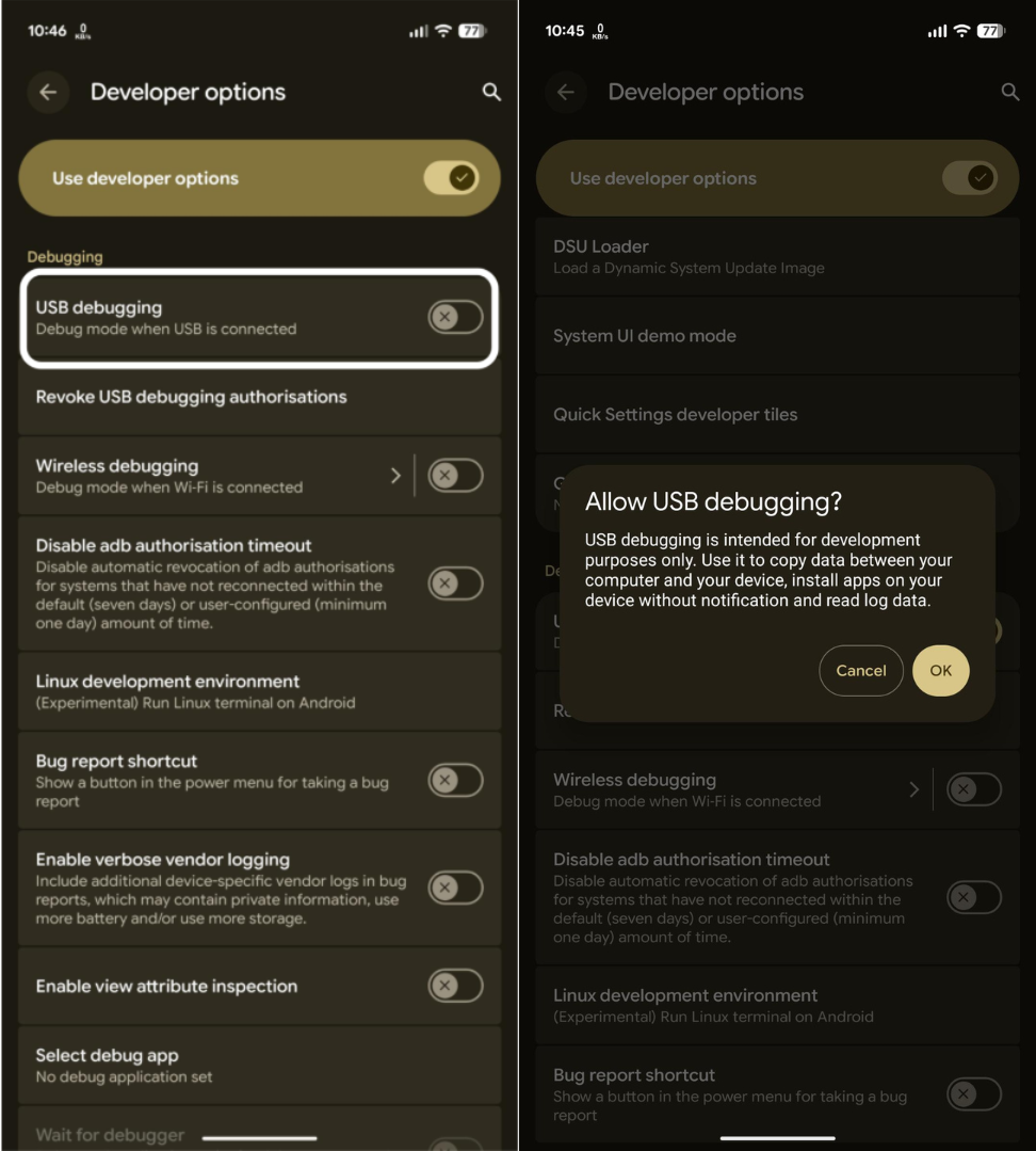 Screenshot of how to enable USB debugging on android device