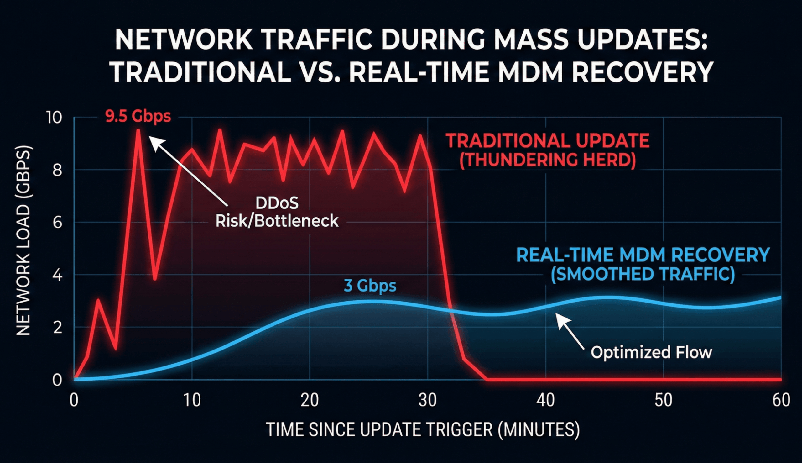 Graph showing network spikes during mass updates and how Real-Time MDM Recovery smooths traffic.