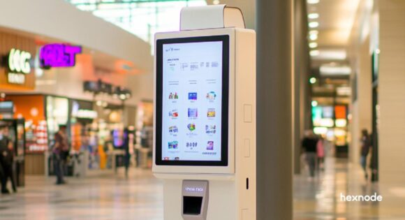 Image of a device in kiosk mode in public space.