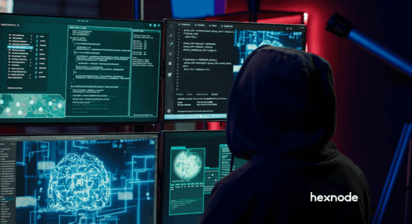 AI-driven cybersecurity threat analysis on multiple screens showing machine-speed attack patterns