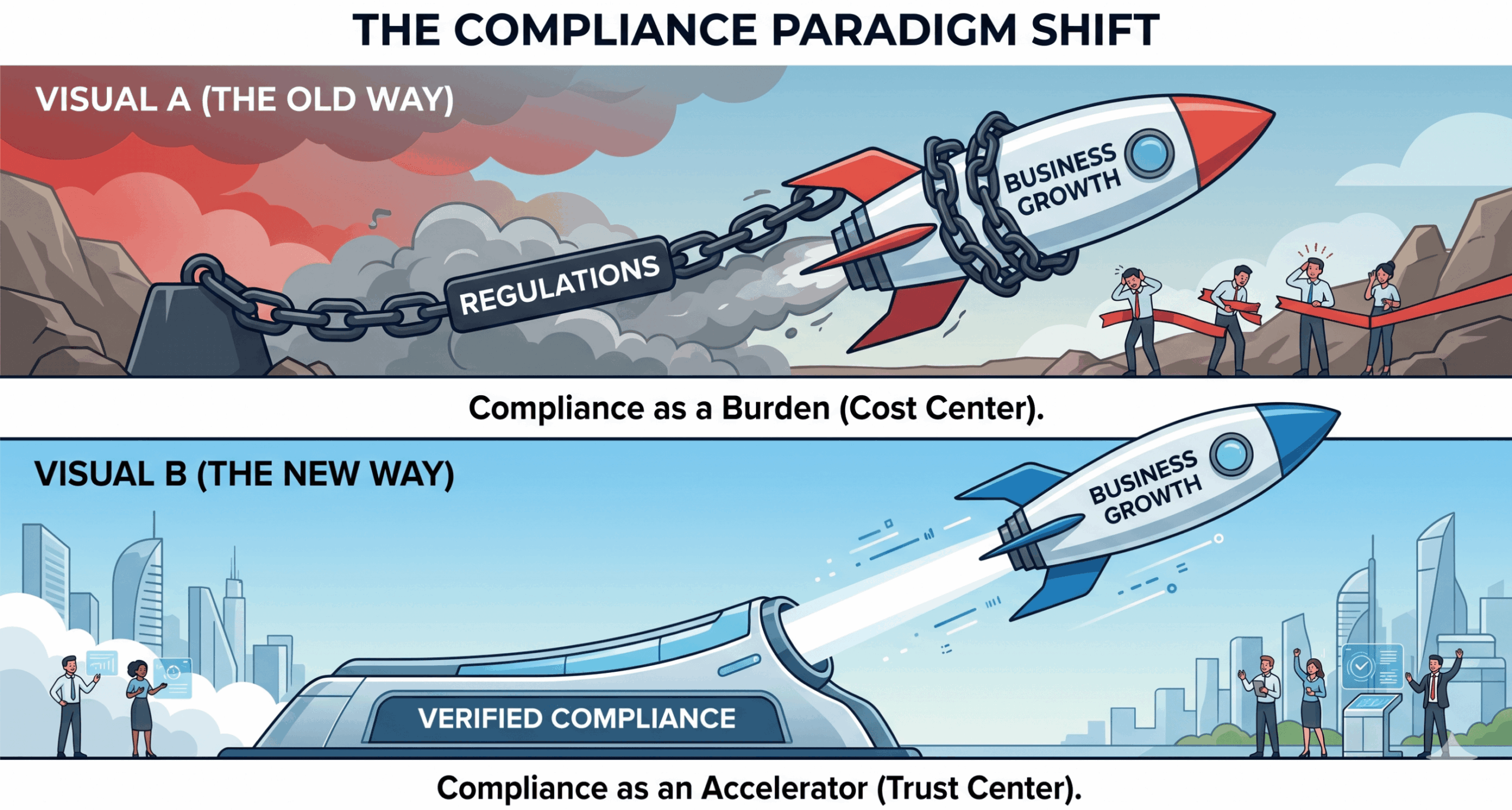 Diagram illustrating the IT compliance paradigm shift. The top shows regulations as a heavy chain dragging down a business growth rocket (compliance as a burden). The bottom shows verified compliance as a launchpad accelerating the rocket (compliance as a trust center).