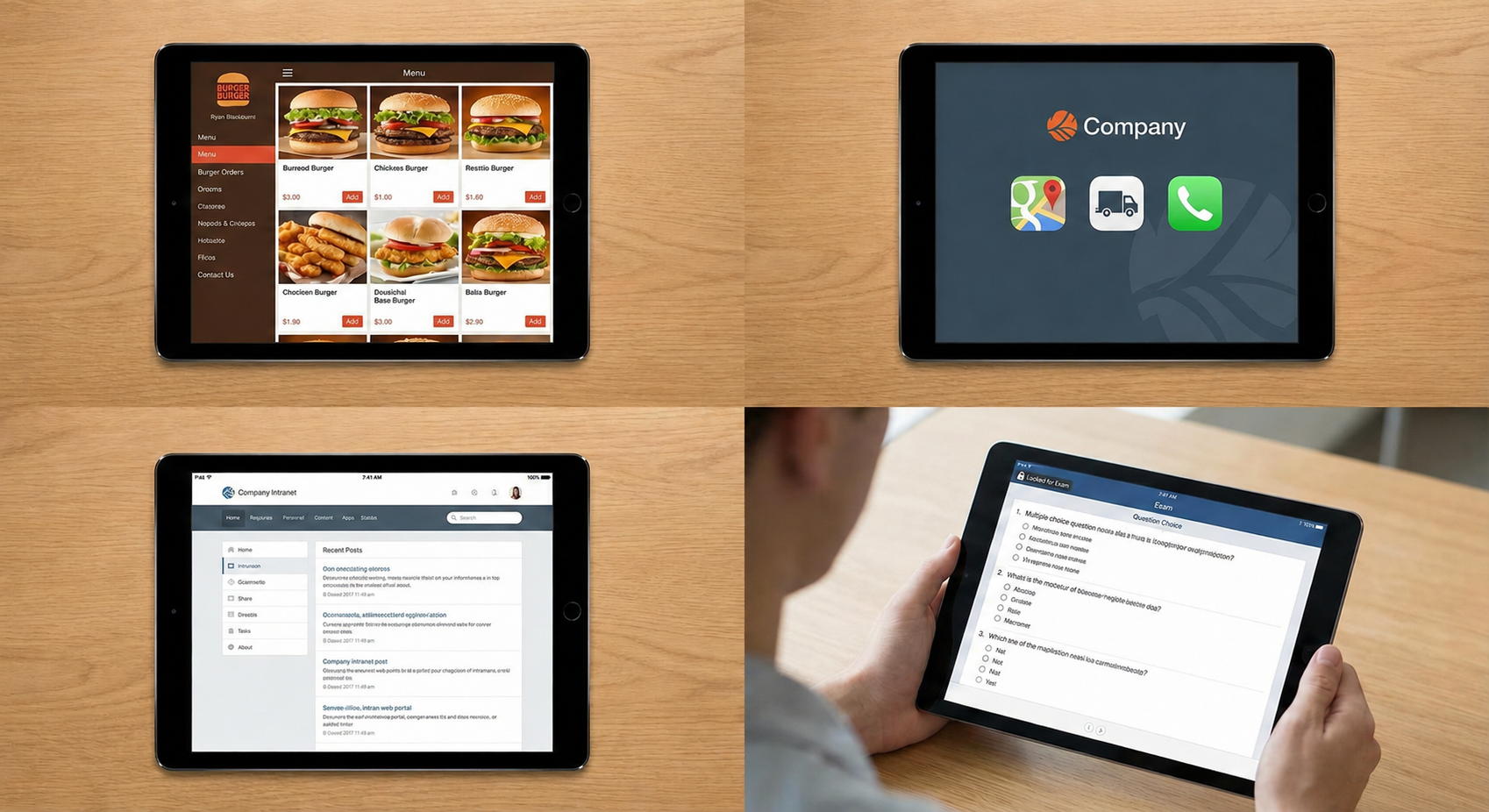 A composite image showing four different iOS kiosk modes: Single App Mode (top left), Multi App Mode (top right), Web App Kiosk (bottom left), and Autonomous Single App Mode (bottom right)
