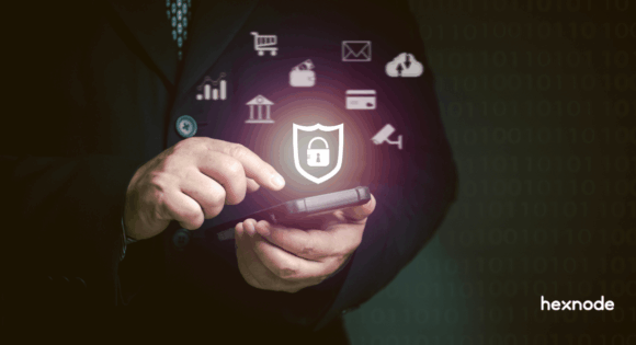 A smartphone displaying data protection and cyber security concepts, representing MDM BYOD privacy controls for enterprise mobility.