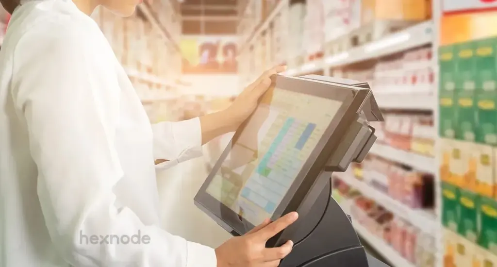 Image of a person using interactive kiosk in a shop.