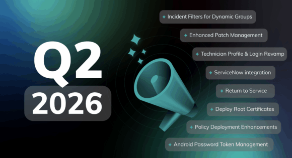 Hexnode Q2 2026 announcement graphic featuring a megaphone and a list of new UEM updates, including ServiceNow integration, Return to Service, and Enhanced Patch Management.