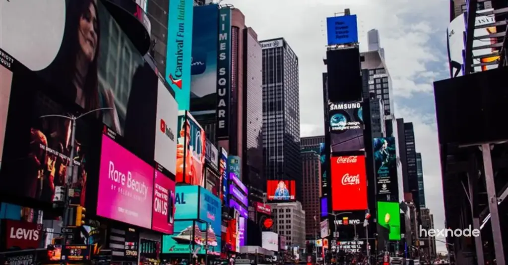 Image of a street with a lot of devices locked in digital signage mode.
