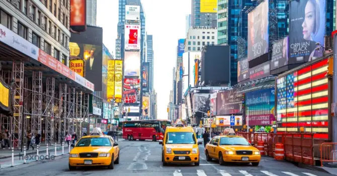 Image of a street having a lot of digital signage screens.