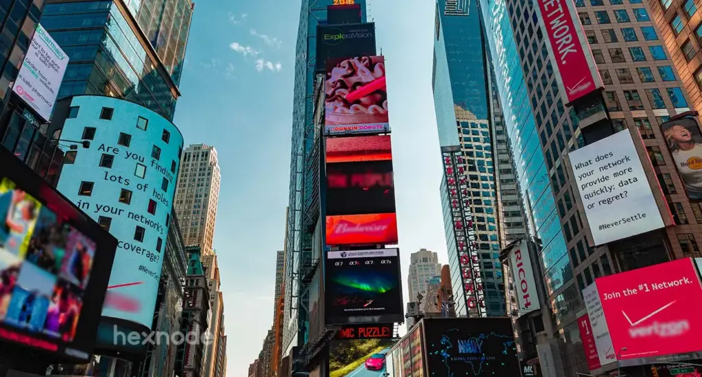 Image of a street, having multiple screens locked in digital signage mode.