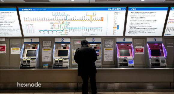 Image of a subway station where some devices are locked in kiosk mode while some used for digital signage.