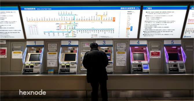 Image of a subway station where some devices are locked in kiosk mode while some used for digital signage.