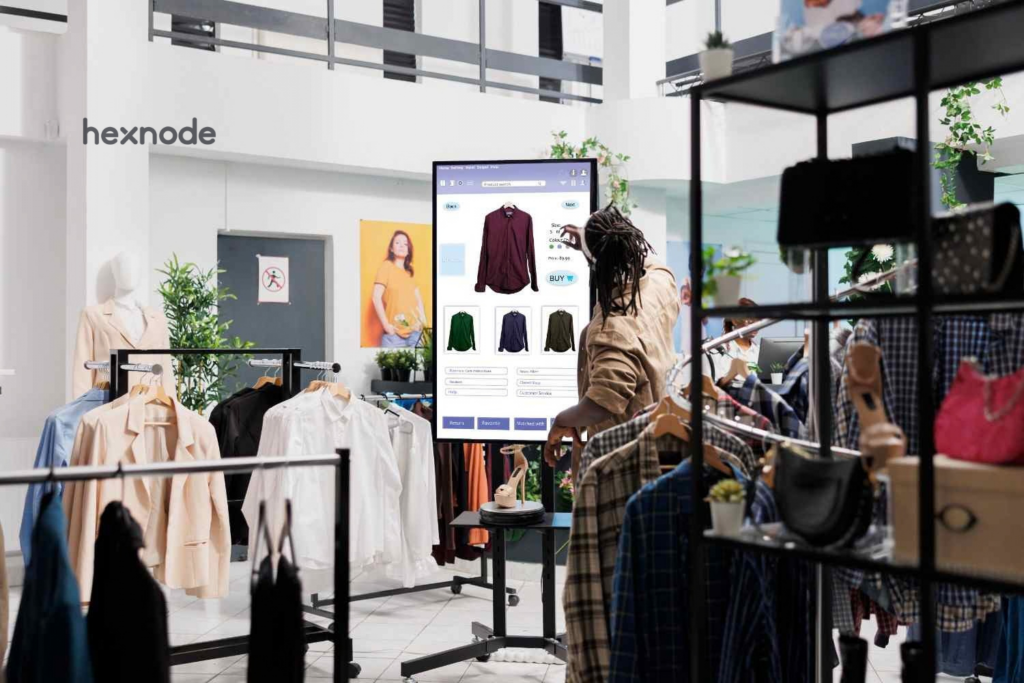 Image of a person using a device locked in kiosk mode for shopping
