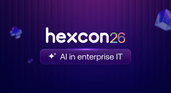 HexCon26 logo with "AI in enterprise IT" banner on a purple background