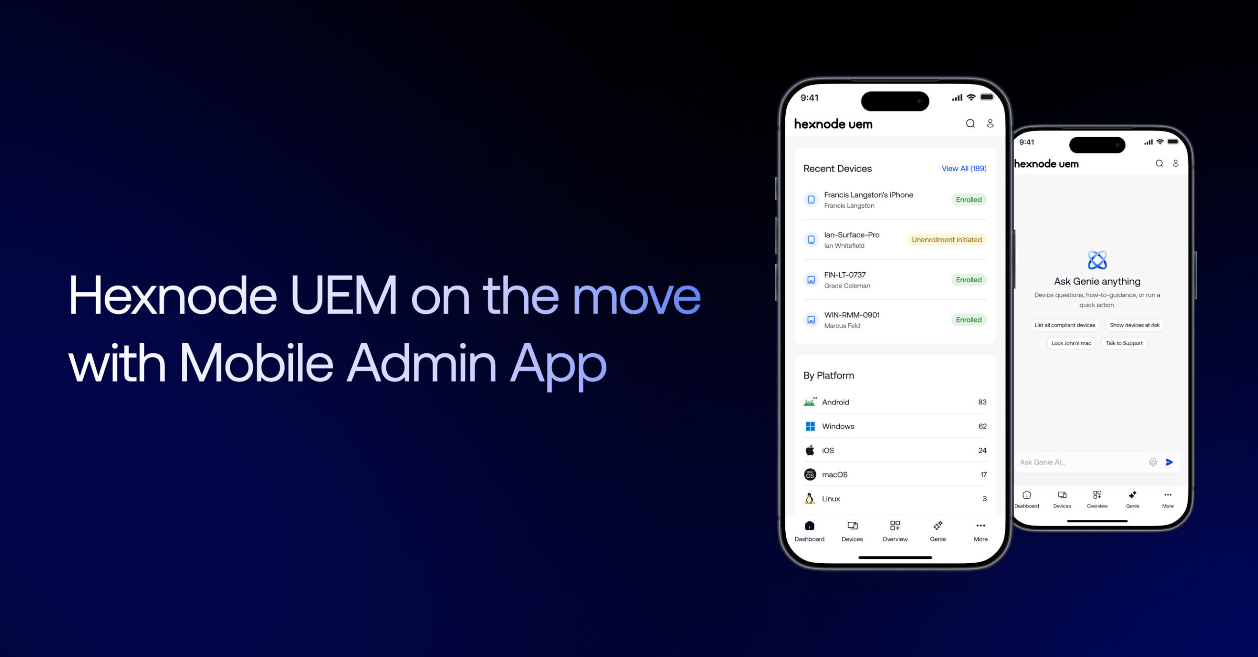 Hexnode UEM Mobile Admin App screens showing recent devices, platform breakdown, and Ask Genie AI chat