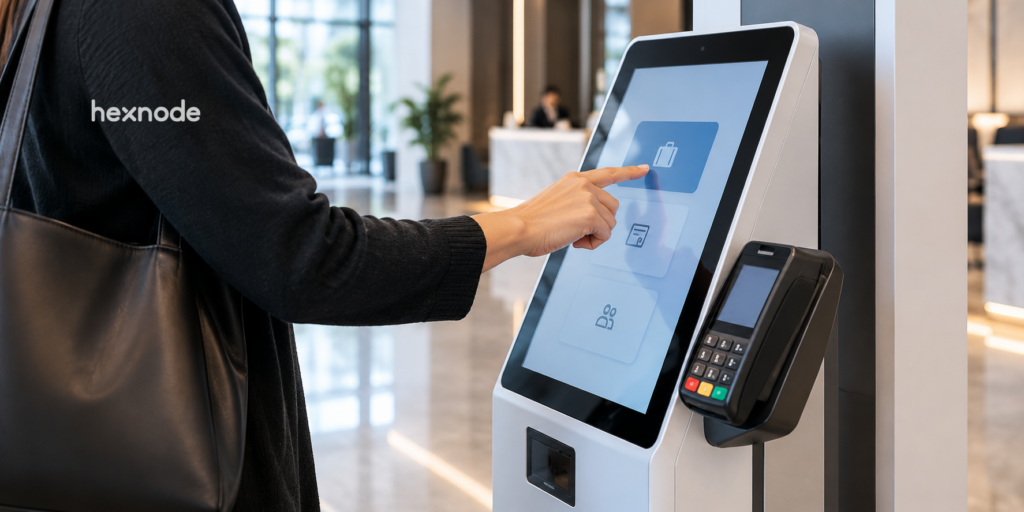 Image of a person using a device locked in kiosk mode at an enterprise setup