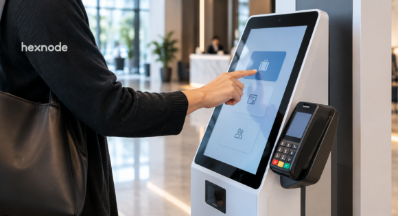 Image of a person using a device locked in kiosk mode at an enterprise setup