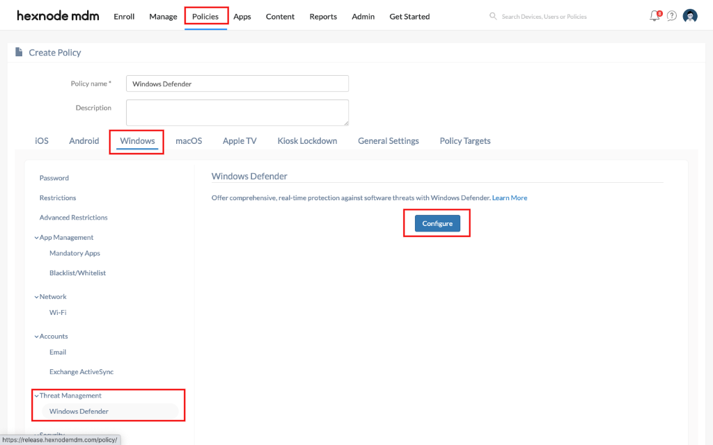 Windows Defender settings