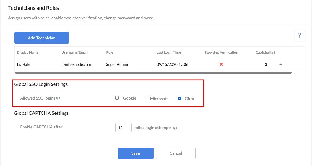 Globally configuring technician login using Okta