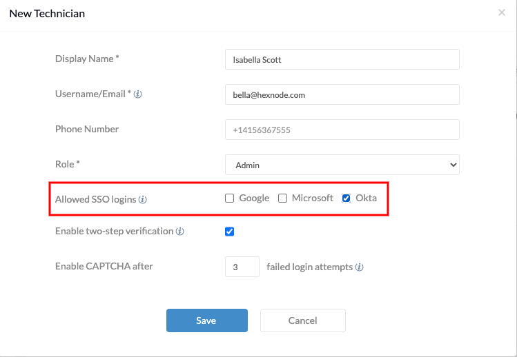 SSO login for individual technicians using Okta account