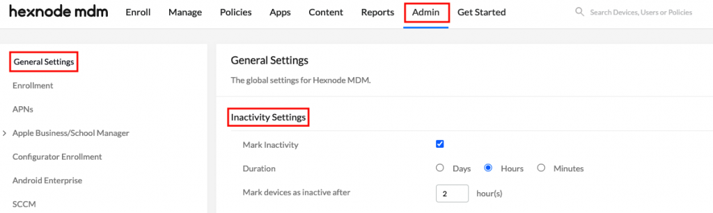 Device Inactivity Settings