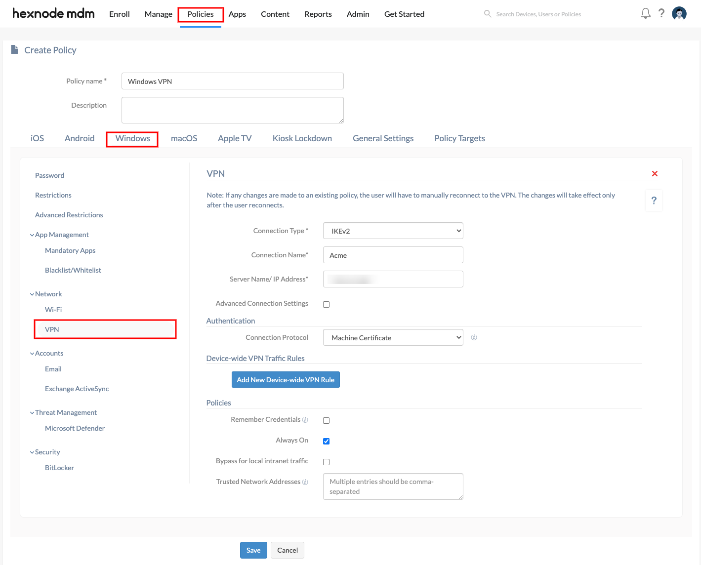 Configure VPN settings for Windows devices using Hexnode UEM
