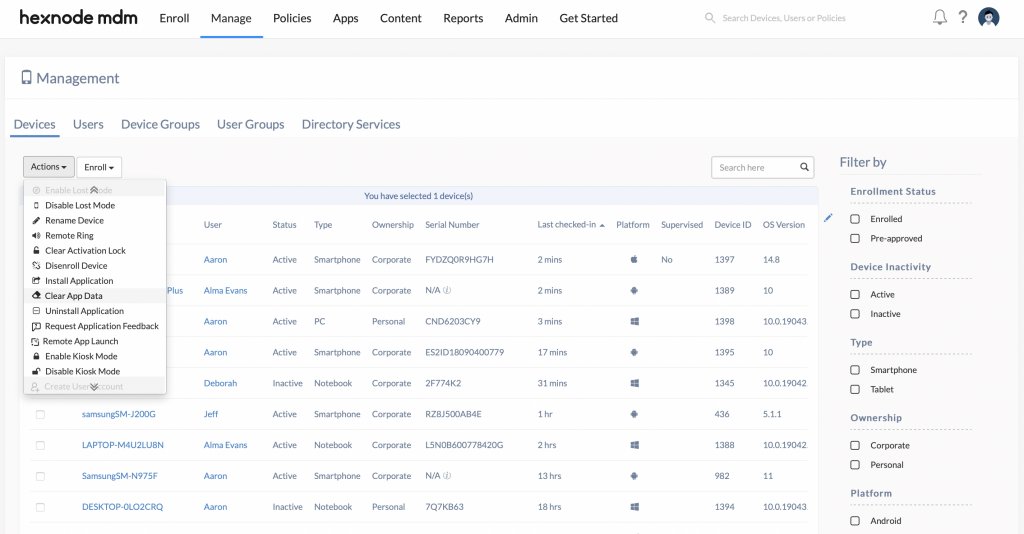 Remote action – clear app data