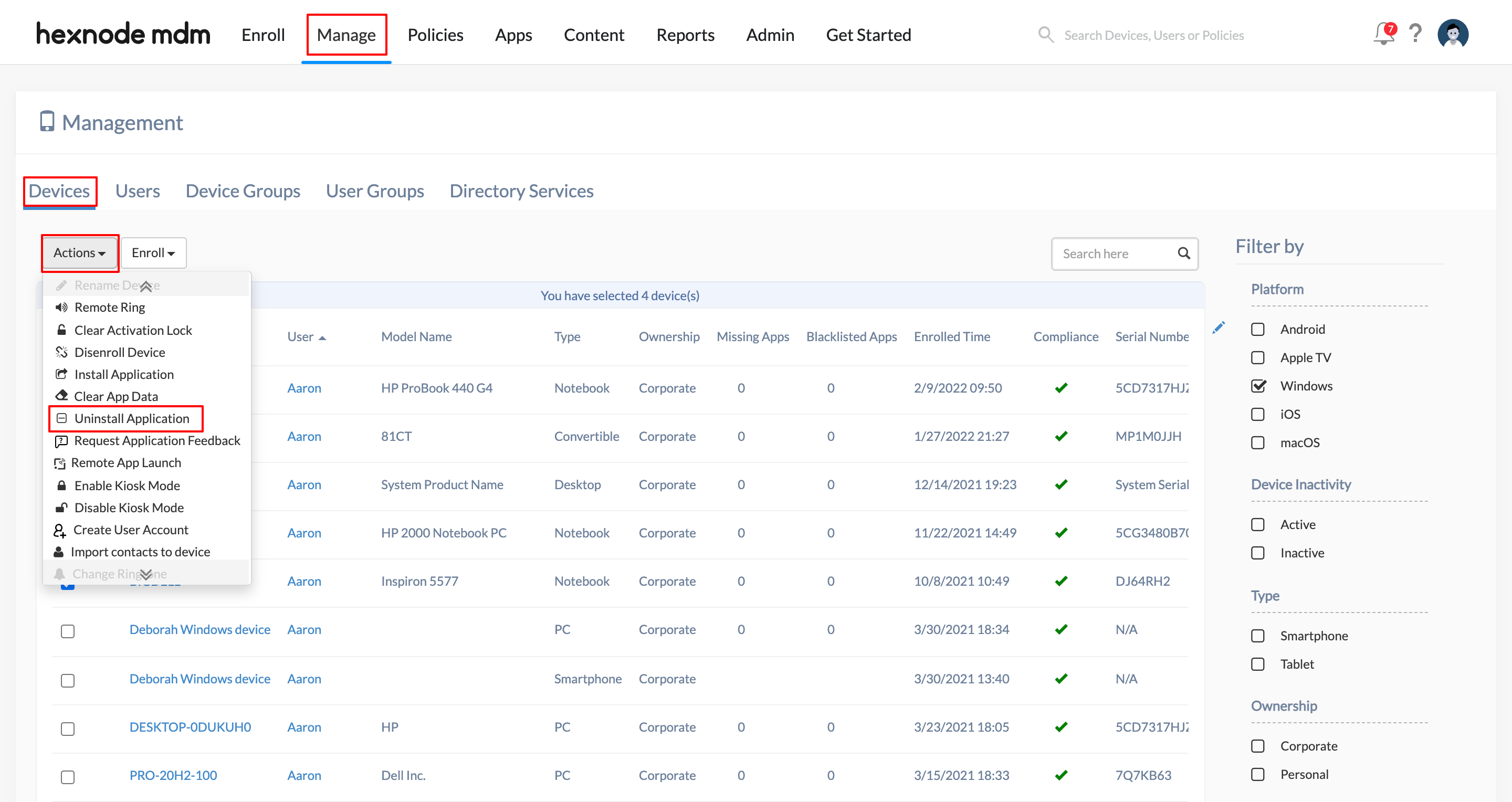 Execute Uninstall application action for Windows devices via Hexnode UEM