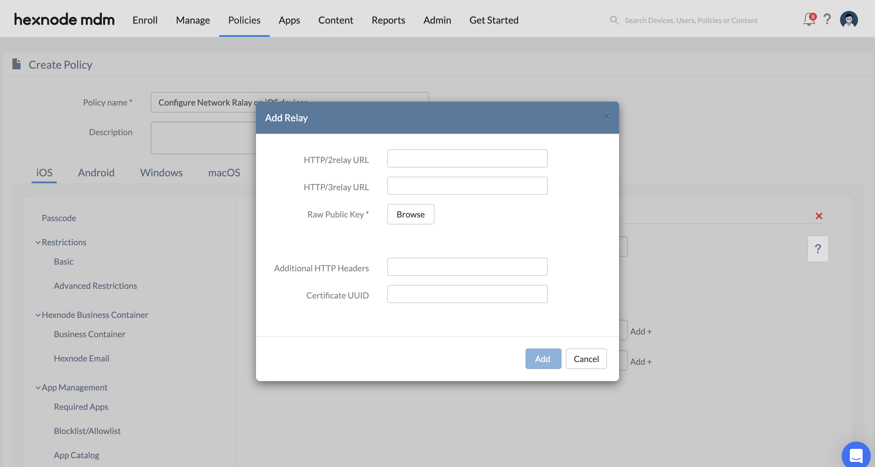 Configure iOS network relay using Hexnode UEM