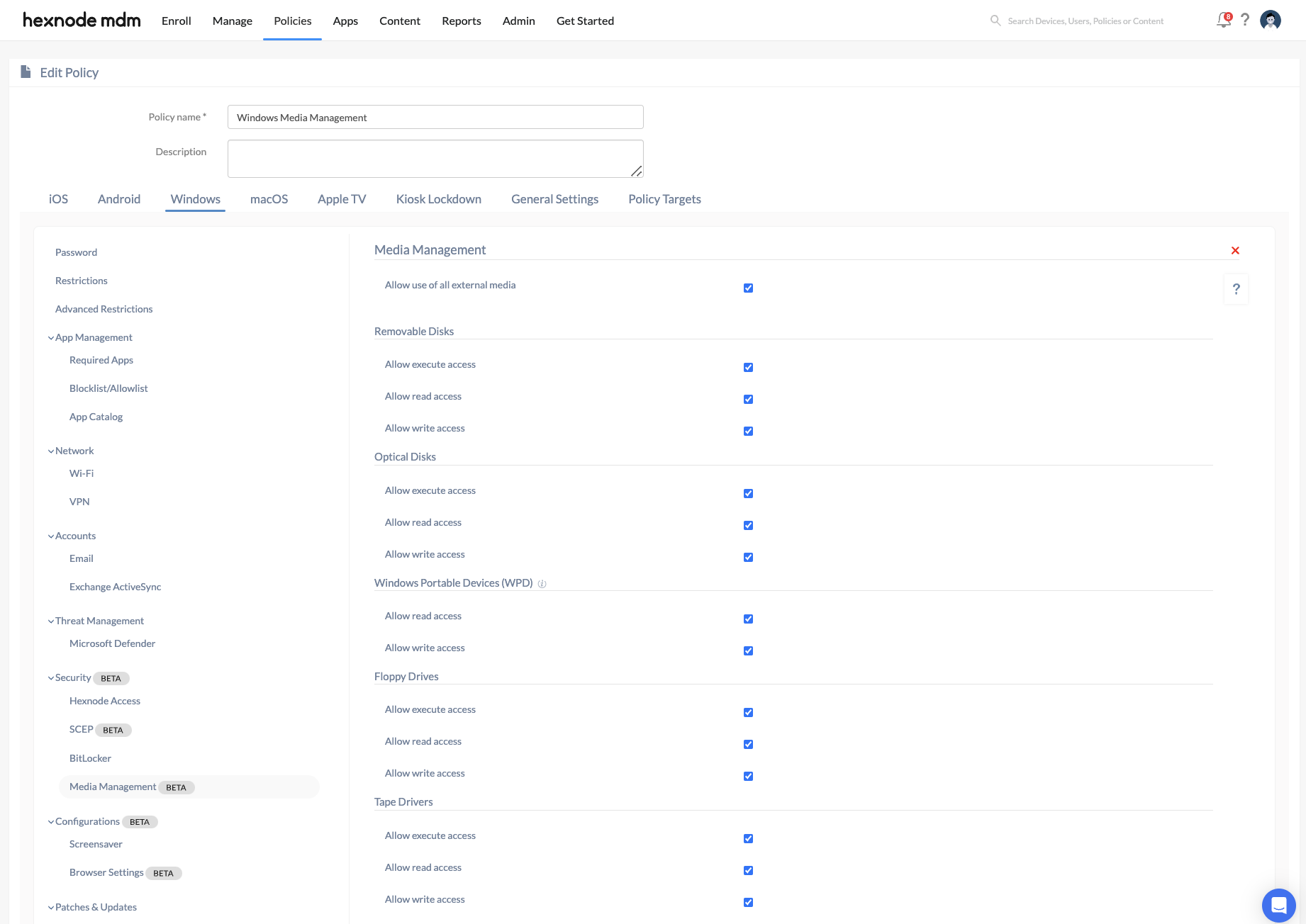 Windows Media Management settings