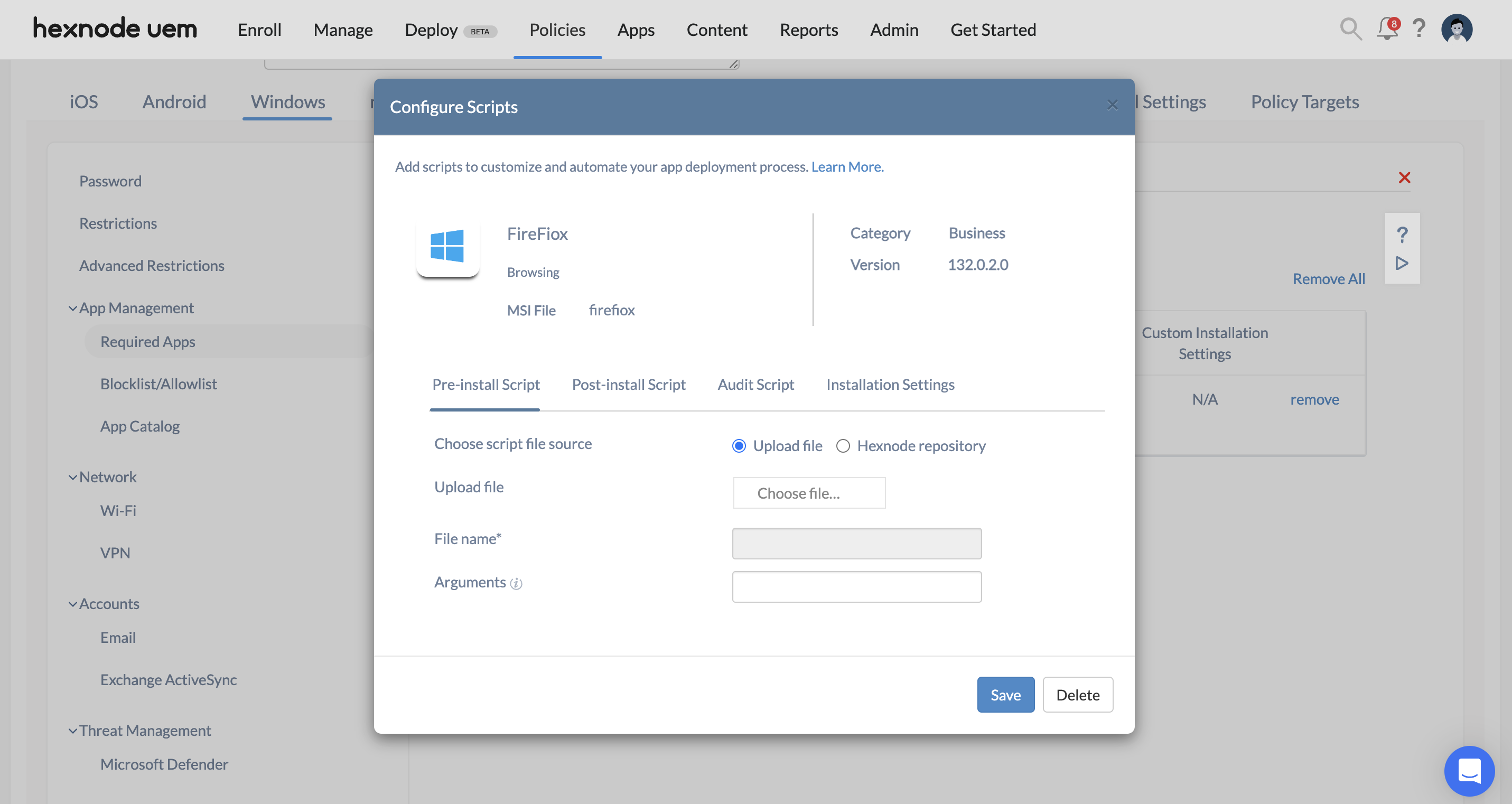 Configure app deployment with pre and post installation scripts