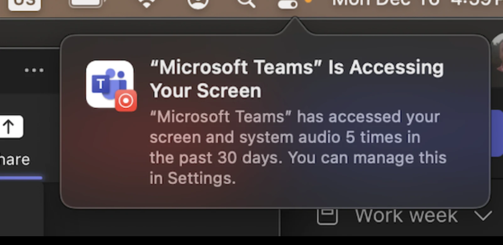 Microsoft Teams screen access alert in macOS.