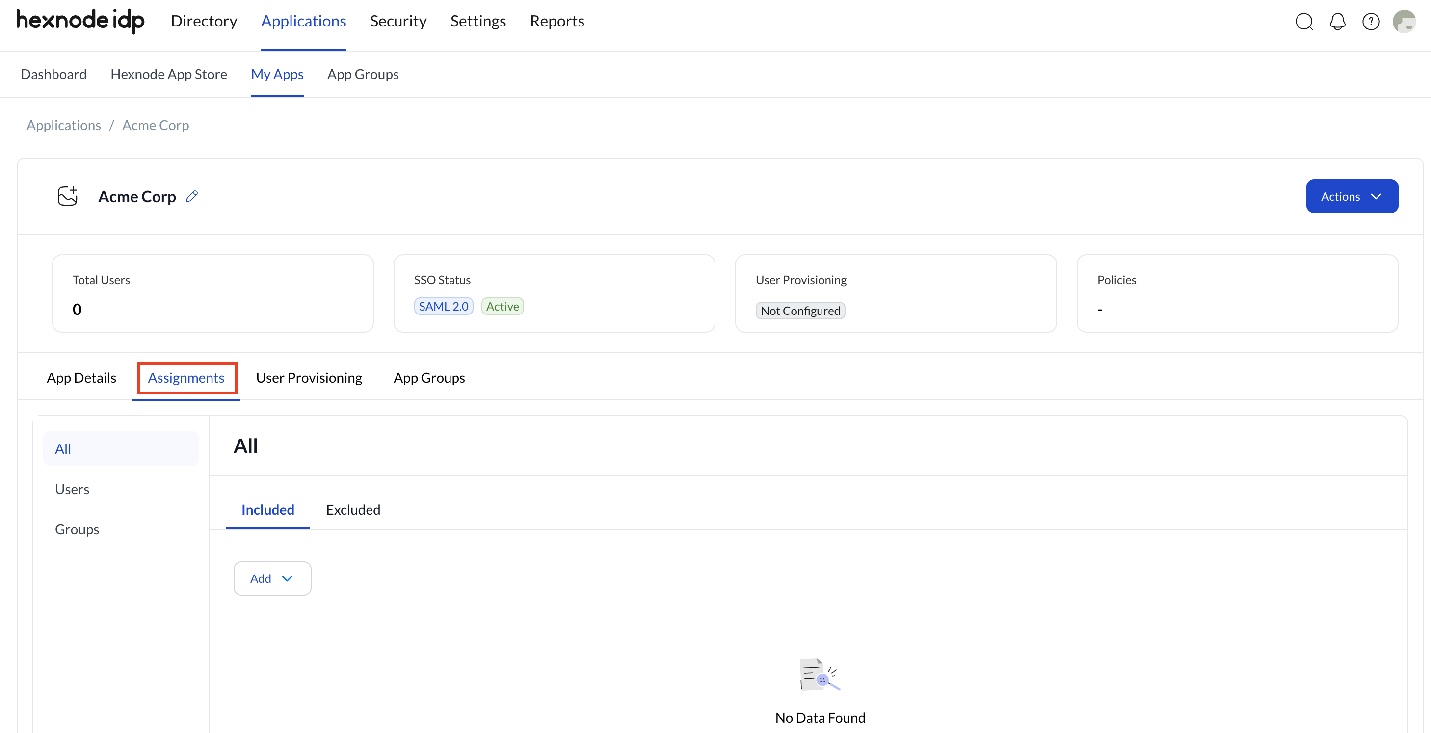 Assign Users to Applications in Hexnode IDP Screenshot of the Hexnode IDP portal showing the MyApps section under the Applications tab. A specific application is selected, displaying the Assignments section used to Assign Users to Applications, with options on the left-hand side to view identity categories such as All, Users, or Groups.