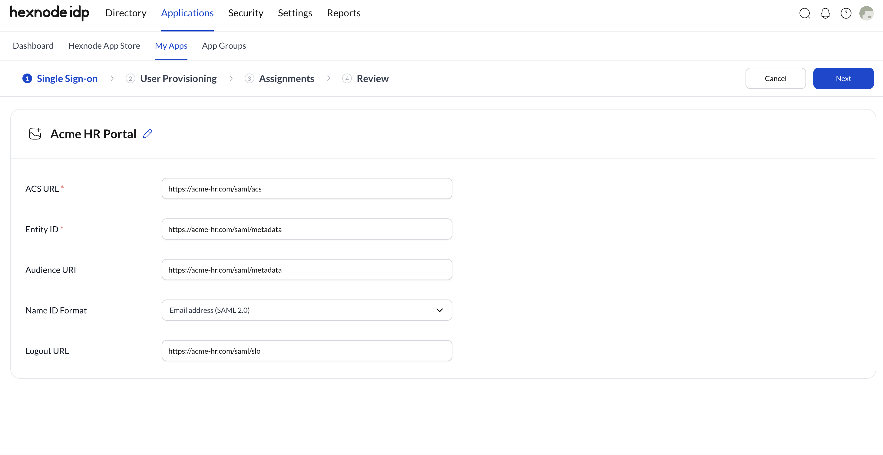 Configure SAML SSO Configuration Settings for App in Hexnode IDP Screenshot of the Hexnode IDP portal showing the SAML SSO Configuration page for an application. It displays various configuration fields including ACS URL, Entity ID, Audience URI, Name ID Format, and Logout URL.