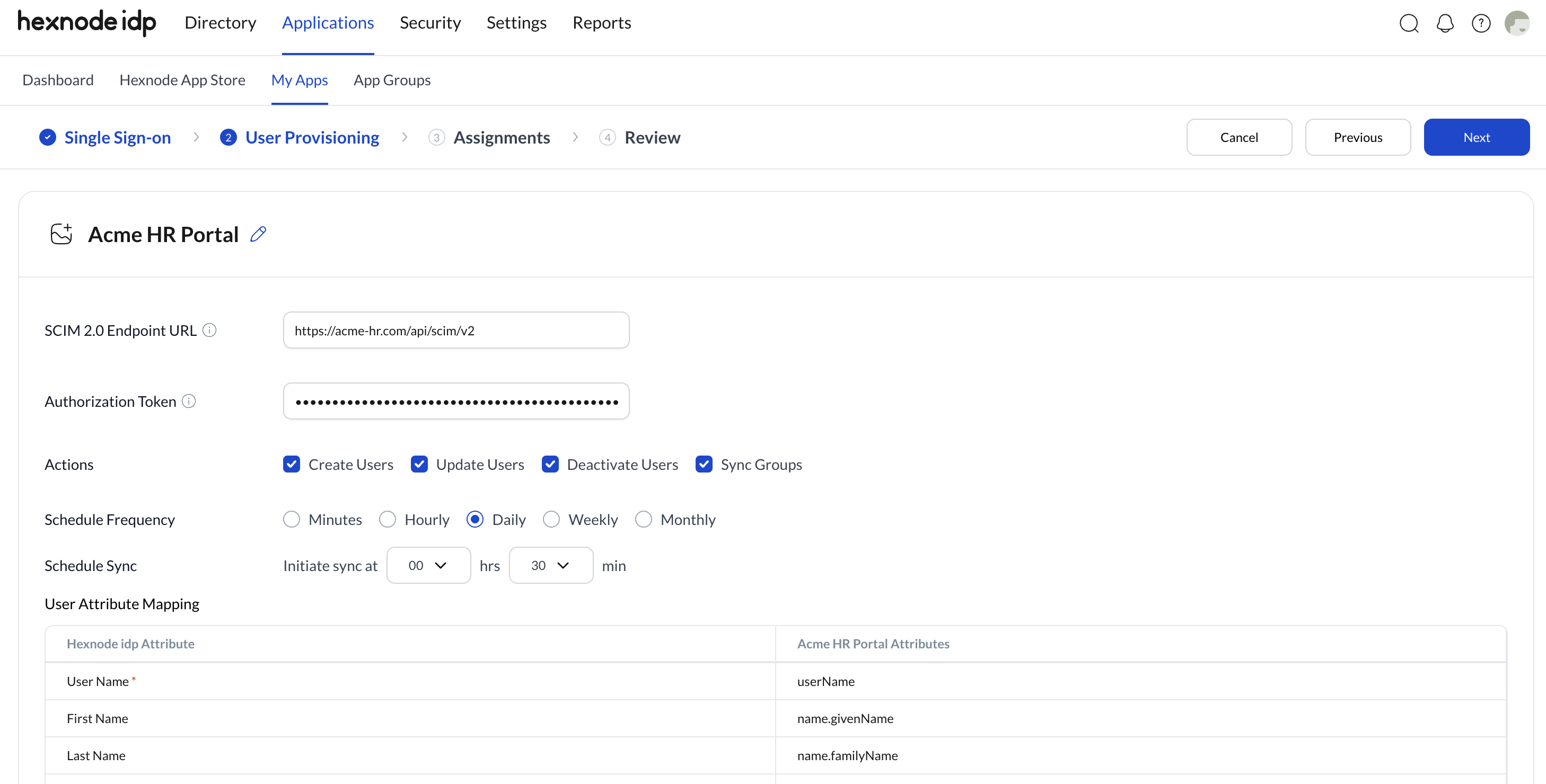 Configure SCIM Provisioning for App in Hexnode IDP using SAML SSO Configuration Screenshot of the Hexnode IDP portal showing the SCIM provisioning options for an application as part of the SAML SSO Configuration. The page shows settings for providing the SCIM 2.0 Endpoint URL and secure Authorization Token, selecting Provisioning Actions (Create Users, Update Users, Deactivate Users, Sync Groups), configuring the Synchronization Schedule, and setting up User Attribute Mapping and Group Attribute Mapping.