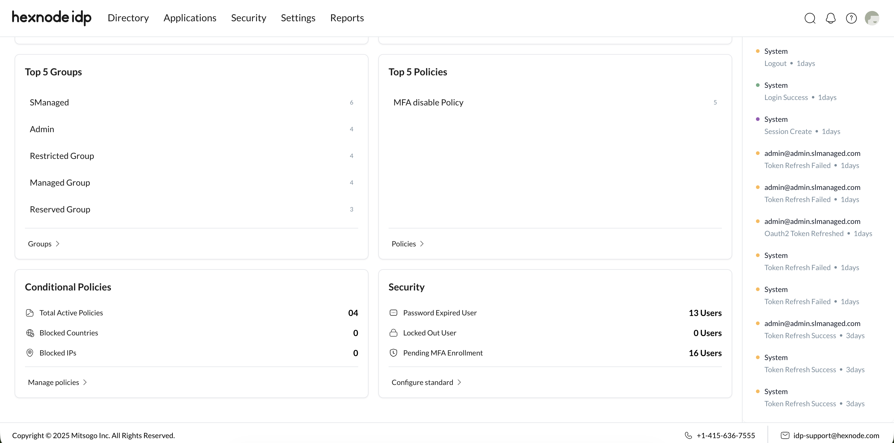 Dashboard showing various identity management widgets within the Hexnode IdP portal, including the top five groups and policies, a summary of conditional policies, and the overall security status.
